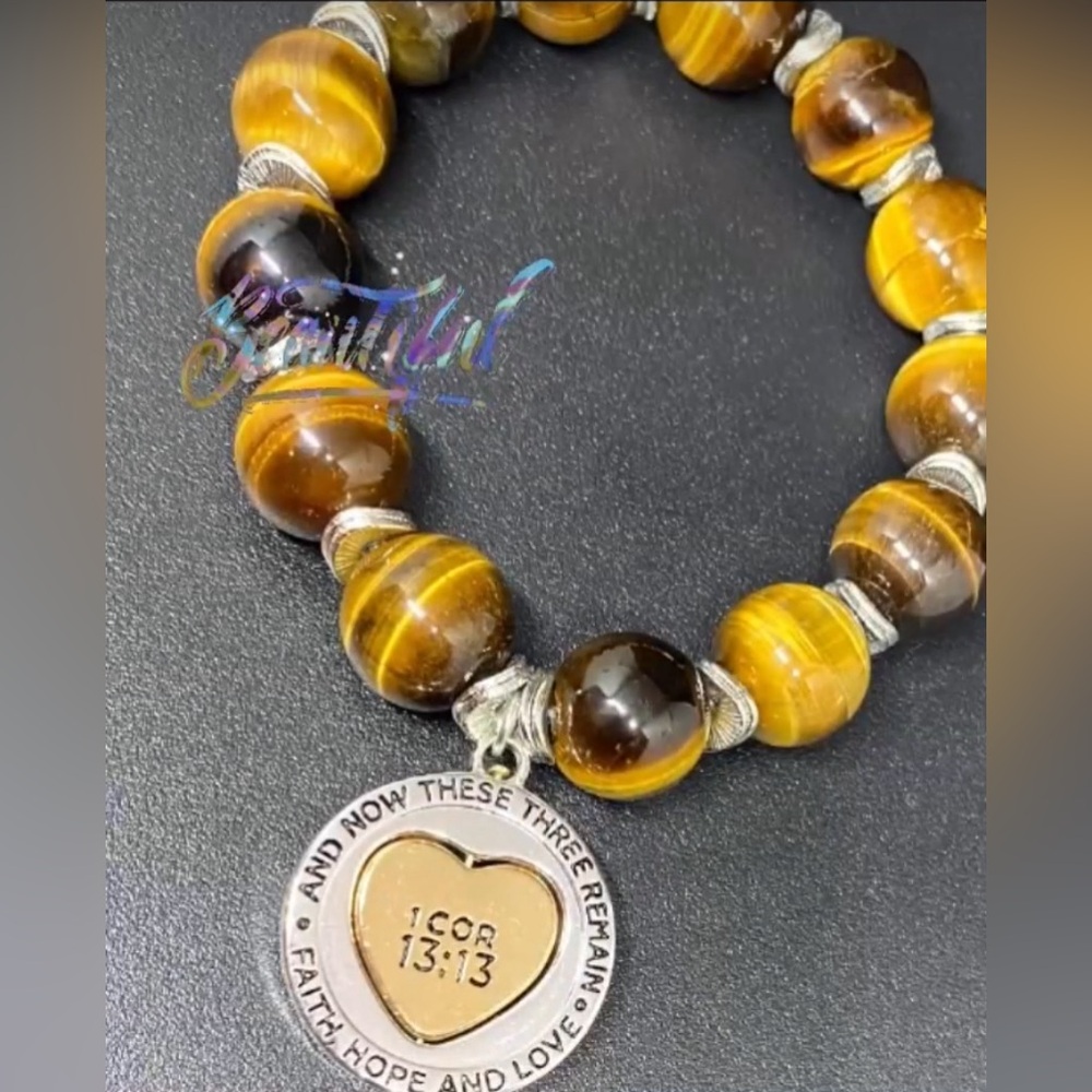 NWT “but the Greatest of ALL” 1st Corinthians 13:13 10mm Tiger Eye 2PC Bracelets - Picture 5 of 8